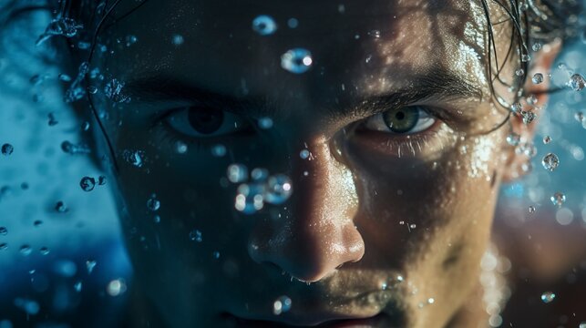 A close-up shot capturing the focused determination in the eyes of a professional swimmer as they push off the pool wall, creating a splash of water around them