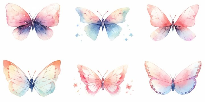 Set of flying gentle butterflies. Vector illustration in vintage watercolor style. Template for your design.