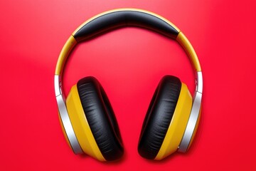 Fototapeta na wymiar yellow noise cancelling headphones on red
