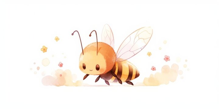 Cute kawaii little bee hand drawn watercolor illustration.