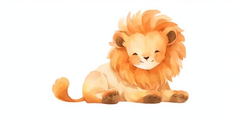 Cute kawaii baby lion hand drawn watercolor illustration.