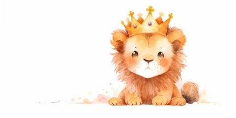 Cute kawaii baby lion in crown hand drawn watercolor illustration.