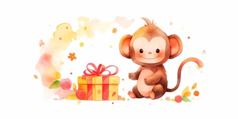 Obraz premium Cute kawaii baby monkey with gift hand drawn watercolor illustration.