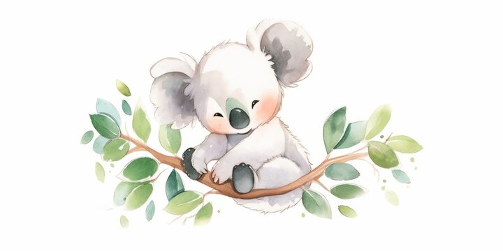 Cute kawaii koala hand drawn watercolor illustration.