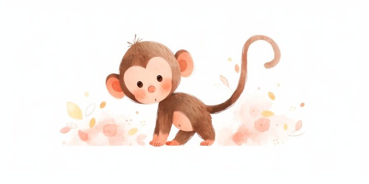 Fototapeta Cute kawaii baby monkey hand drawn watercolor illustration.