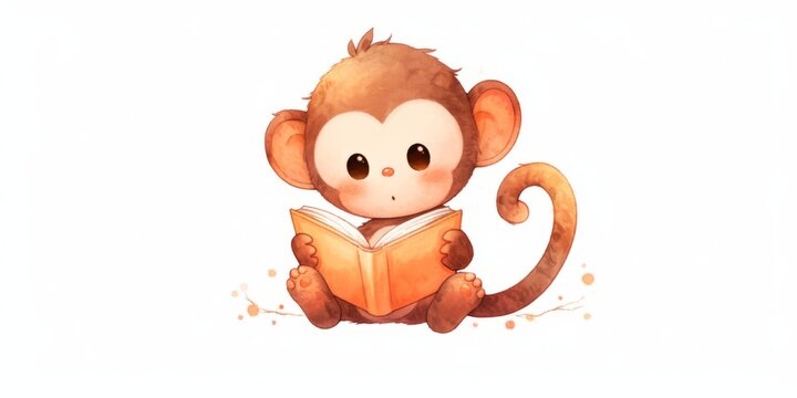 Cute kawaii baby monkey reading a book hand drawn watercolor illustration.
