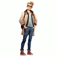 Fototapeta premium Cartoon Character of a Stylish Young Guy in Trendy Attire, Isolated on a Clean White Background.