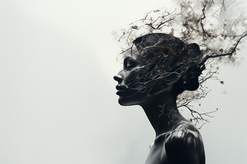 Female with empty tree branches sprouting from her head, symbolizing a metaphor for introspection and renewal during challenging times. Ai generated