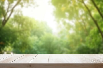 Empty White Wood Table Top with Green Nature Bokeh Background
