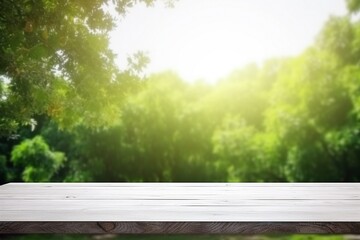Fototapeta premium Empty White Wood Table Top with Green Nature Bokeh Background