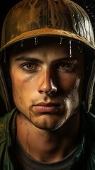 Obraz premium A close-up shot of a determined baseball player's face as they focus on hitting the ball hard,