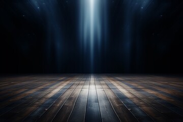 Empty Wooden Floor with Dark Blue Background and Central Light Shine for Product Display Montage