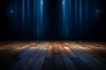Empty Wooden Floor with Dark Blue Background and Central Light Shine for Product Display Montage