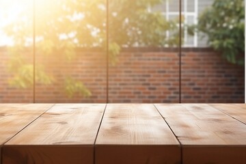 Empty Wooden Table with White Brick Wall Background and Morning Sunlight