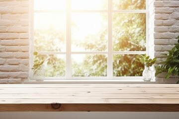 Fototapeta premium Empty Wooden Table with White Brick Wall Background and Morning Sunlight