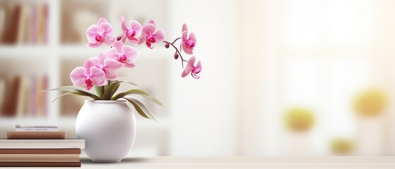 Pink Orchid in White Vase on Wooden Table with Blurred Bookshelf Background