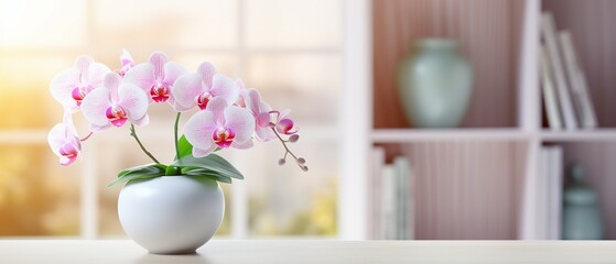Pink Orchid in White Vase on Wooden Table with Blurred Bookshelf Background