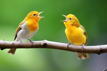 two birds on a branch, one singing to the other - obrazy, fototapety, plakaty