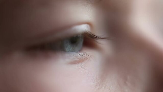 Side view of a child's eyes. An 8-year-old Caucasian boy looks without blinking. Macro photography.
