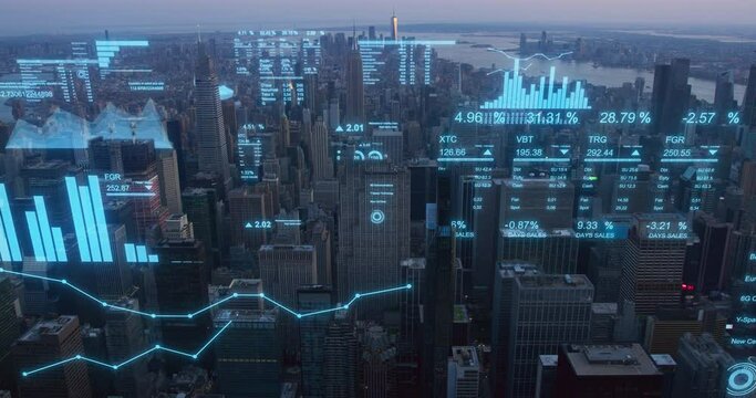 Aerial View of New York City Architecture with Augmented Reality Visualization with Statistics and Analytics Data, Digital Holograms Over Buildings and Skyscrapers with Business and Social Info