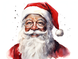 Watercolor illustration of a happy Afroamerican Santa Claus, isolated on white background 