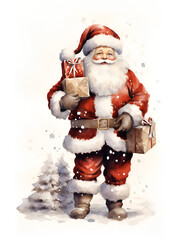 Watercolor retro Santa Claus with gift box, isolated on white background 