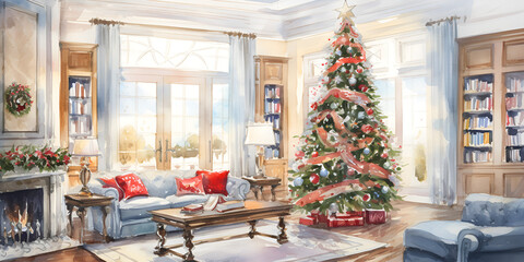 Watercolor illustration of cozy home interior with Christmas tree, fireplace and decor