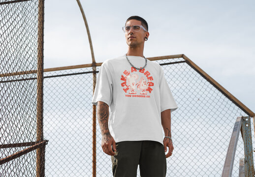 Mockup of man wearing t-shirt with customizable by wire fence