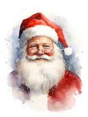 Watercolor retro Santa Claus close up portrait, isolated on white background 