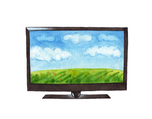 Watercolor lcd tv monitor isolated on white background.