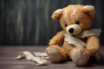 a torn teddy bear sewn and mended