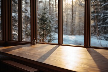Wooden Table in Sunlit Room with Snowy Tree View