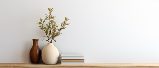 Bookshelf with Vase on Wooden Table and White Wall