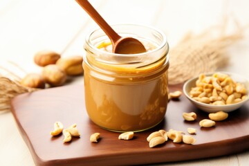a spoon stuck into a jar of peanut butter