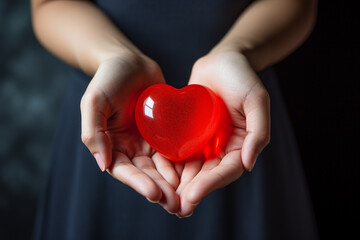 Fototapeta premium Two hands tenderly holding a vibrant red heart, symbolizing the profound and compassionate connection between individuals in a simple yet powerful gesture of love and care. Ai generated