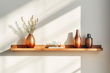 Wooden Table Shelf with Books and Vase Plant Against White Wall Background