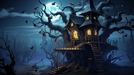 Spooky Treehouse with Cartoon Bats