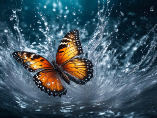 Fototapeta na wymiar orange butterfly flying among splashing water. lake
