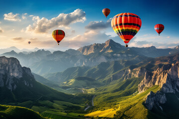 Vivid scene of hot air balloons gracefully drifting through the sky, set against a stunning mountain landscape. Ai generated