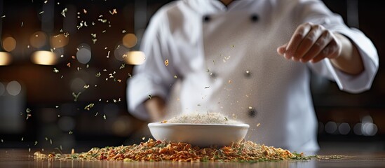 Commercial kitchen chef adding spices to food With copyspace for text
