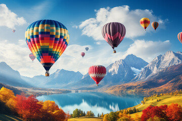 Fototapeta premium Vivid scene of hot air balloons gracefully drifting through the sky, set against a stunning mountain landscape. Ai generated