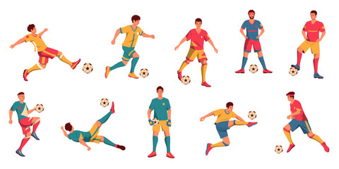 Fototapeta na wymiar Diverse football players. Cartoon diverse male characters playing football, male athletes in colorful sportswear. Vector collection
