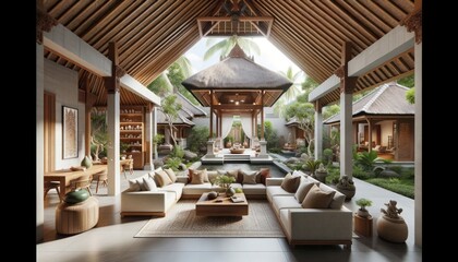 Fototapeta premium A modern indoor oasis awaits, with a plush couch nestled under a high ceiling and surrounded by chic furniture and houseplants, all overlooking a sparkling pool through floor-to-ceiling windows in th