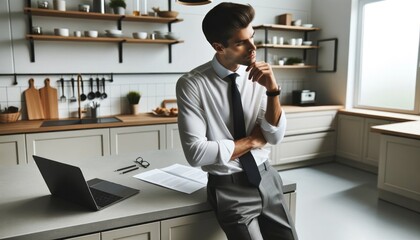 A sleek businessman, clad in a crisp white shirt and tie, exudes confidence as he leans against the counter in his modern office, surrounded by sleek furniture, a computer and laptop on his desk, and