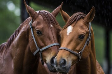 Obraz premium two horses huddled together under a pouring rain