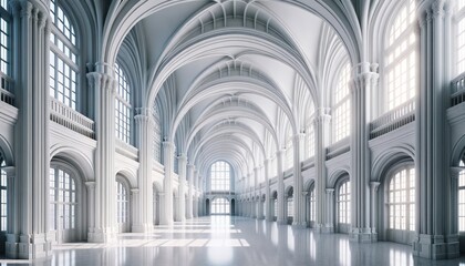 The grand arcade of this symmetrical building, with its vaulted ceilings and arched windows, resembles a cathedral or church, exuding an air of majesty and serenity within its indoor space