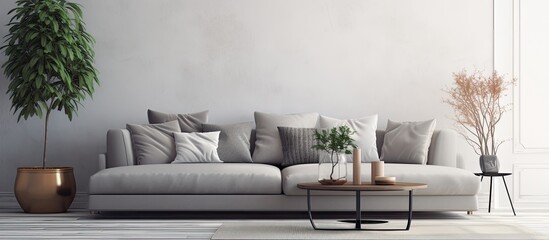Contemporary living area with grey couch adorned cushions and petite circular table With copyspace for text