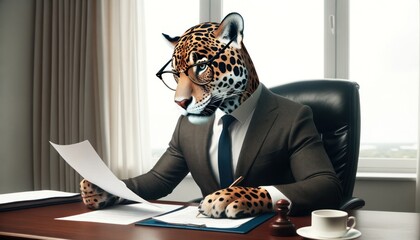 A sophisticated leopard lounges at his sleek desk, adorned with glasses and a laptop, amidst the comforting indoor setting of furniture and a wall, showcasing his human-like intellect and blending hi - obrazy, fototapety, plakaty