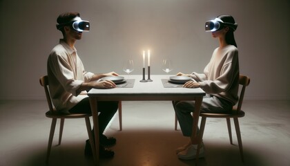 As the flickering candle cast a warm glow across the indoor space, the man and woman sat at the furniture-clad table, their virtual reality goggles transporting them to a world beyond the mundane wal - obrazy, fototapety, plakaty