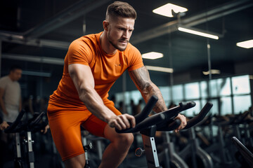 Fototapeta na wymiar A Side View Of A Male Athlete In Orange T-shirt Riding An Exercise Bike At The Gym